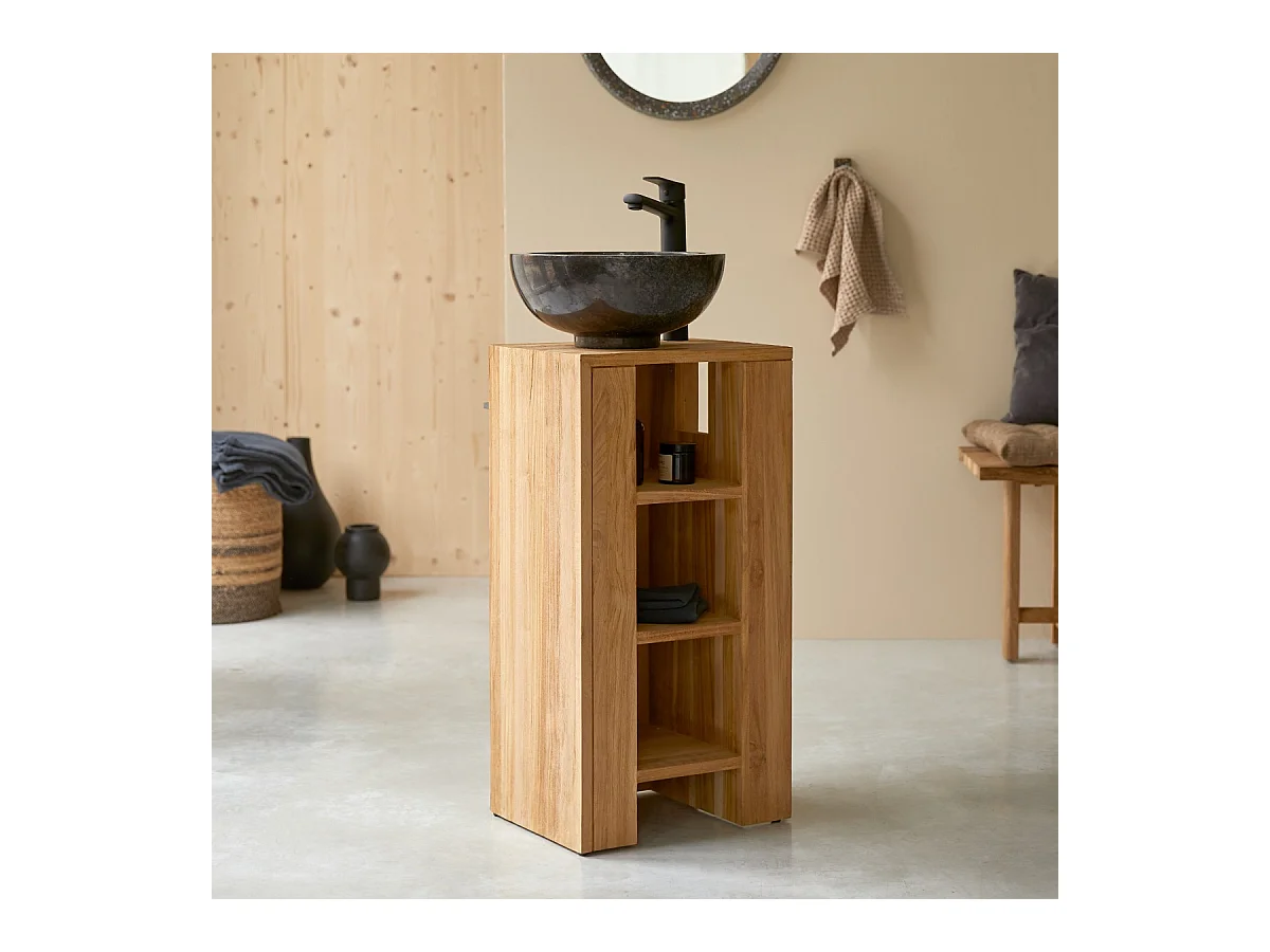 Waschtisch Bad Gästebad kleine Räume Teak Handtuchhalter Unterschrank massiv