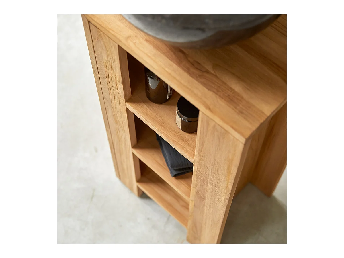 Waschtisch Bad Gästebad kleine Räume Teak Handtuchhalter Unterschrank massiv