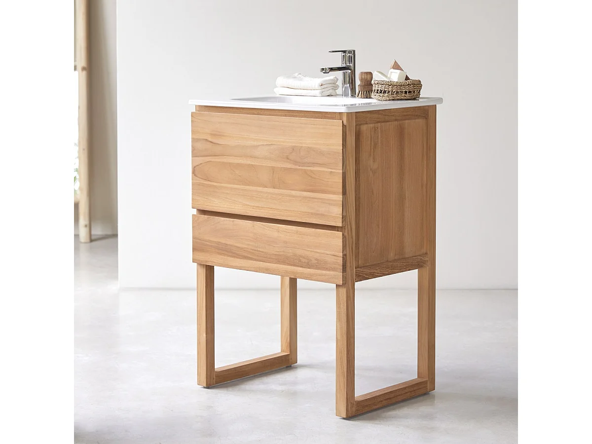 Badezimmerschrank Edgar aus massivem Teakholz und Keramik 60 cm