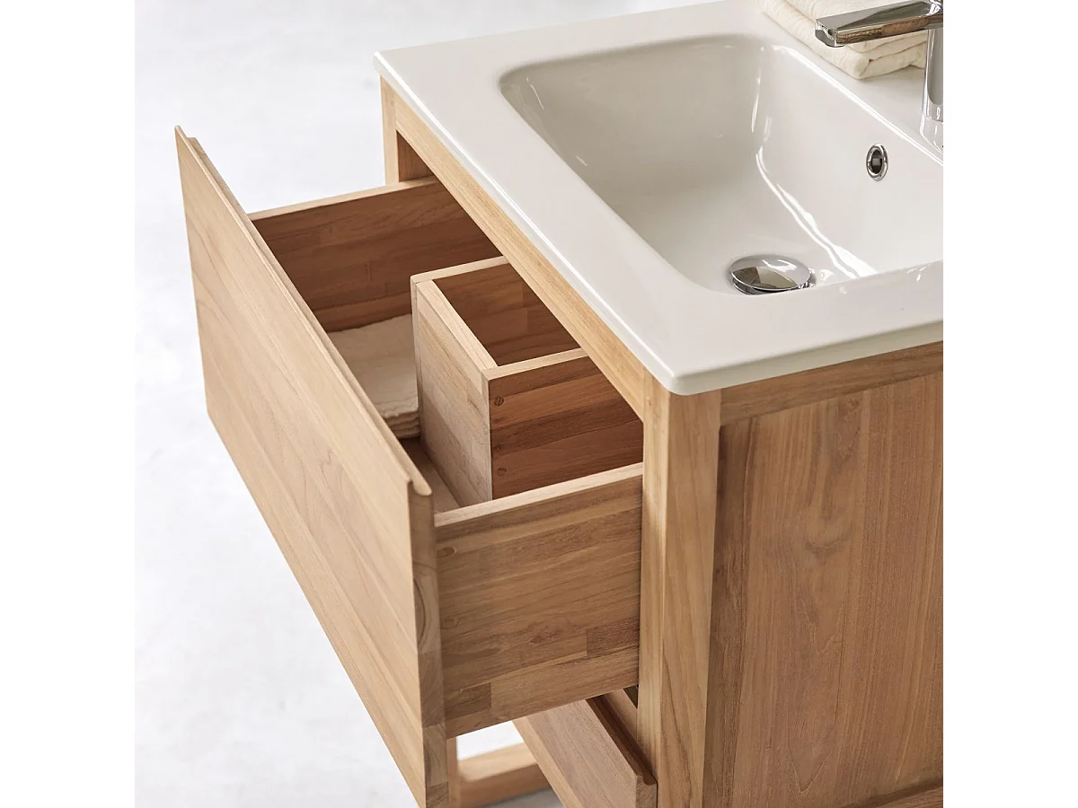 Badezimmerschrank Edgar aus massivem Teakholz und Keramik 60 cm