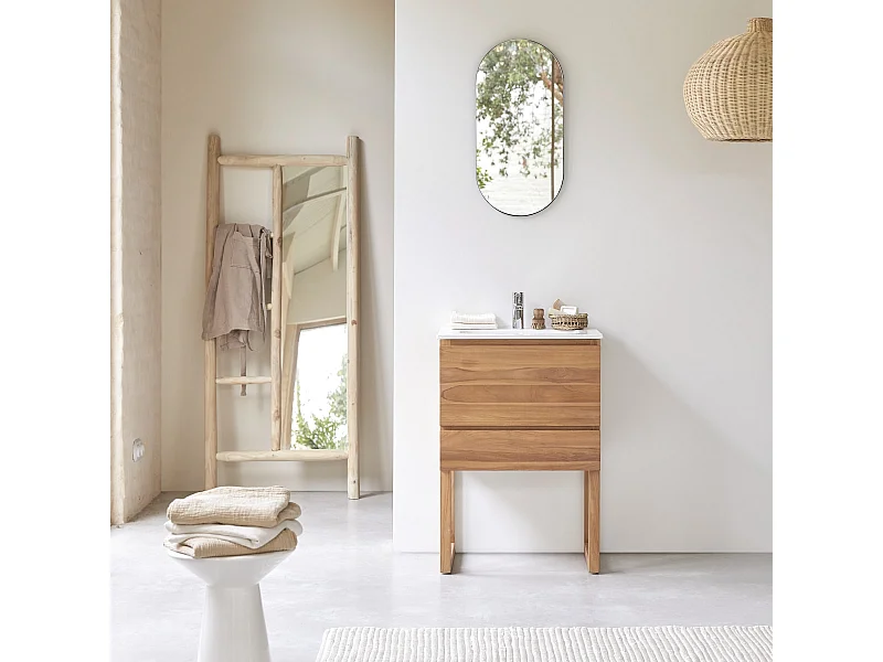 Badezimmerschrank Edgar aus massivem Teakholz und Keramik 60 cm