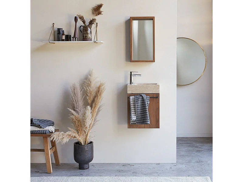 Hängendes Handwaschbecken Stelle aus Nussbaum und cremefarbenem Marmor