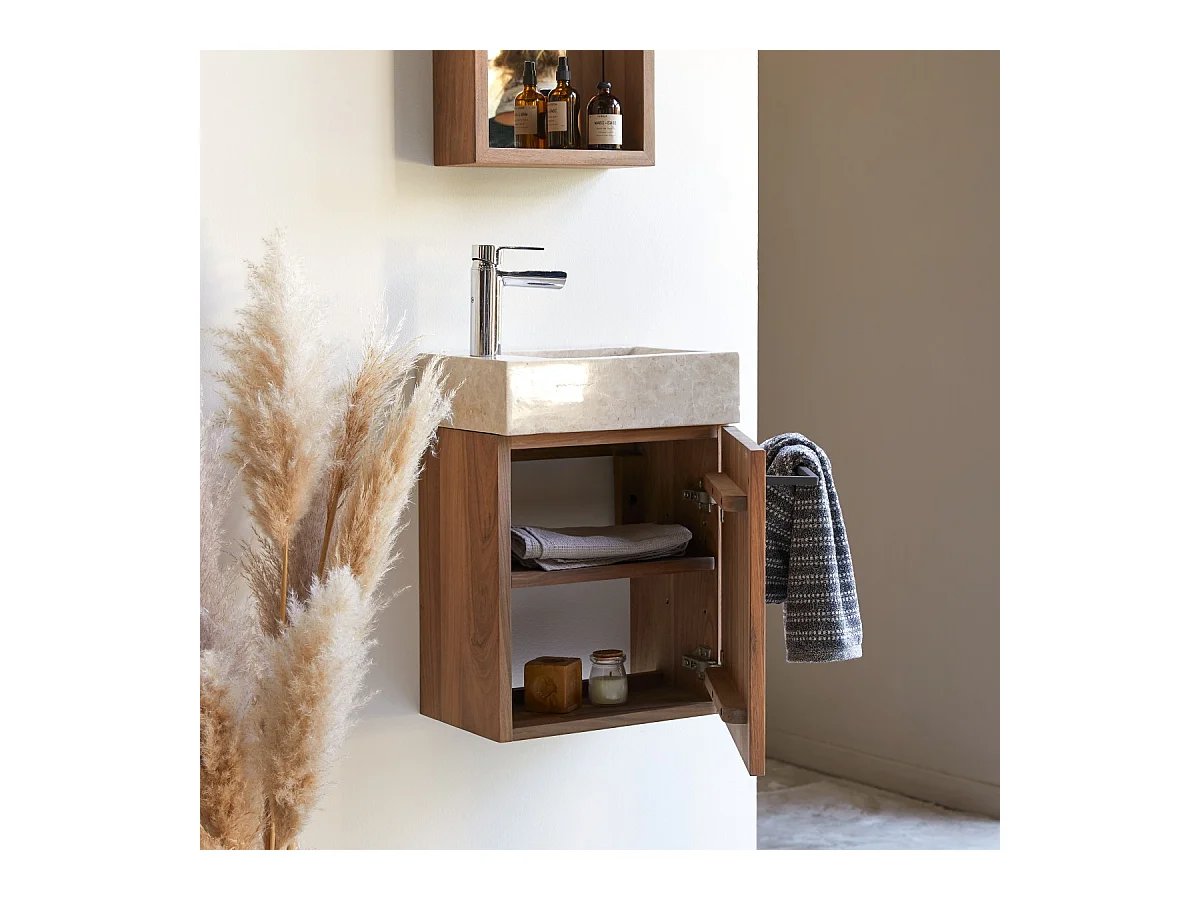 Hängendes Handwaschbecken Stelle aus Nussbaum und cremefarbenem Marmor