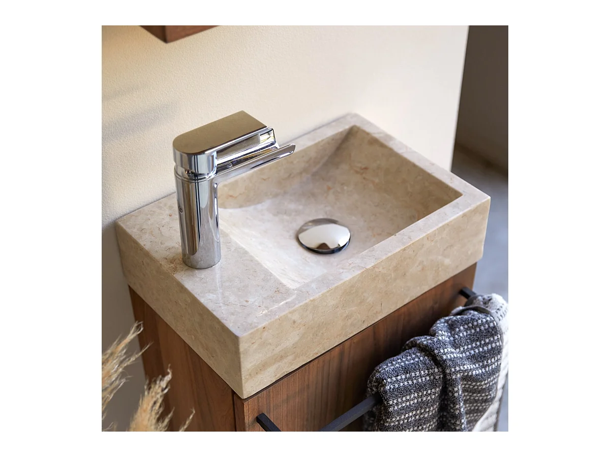 Hängendes Handwaschbecken Stelle aus Nussbaum und cremefarbenem Marmor