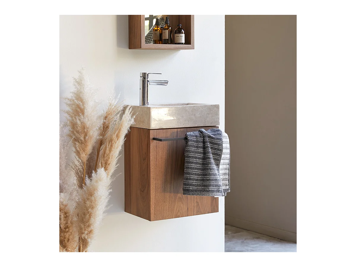 Hängendes Handwaschbecken Stelle aus Nussbaum und cremefarbenem Marmor