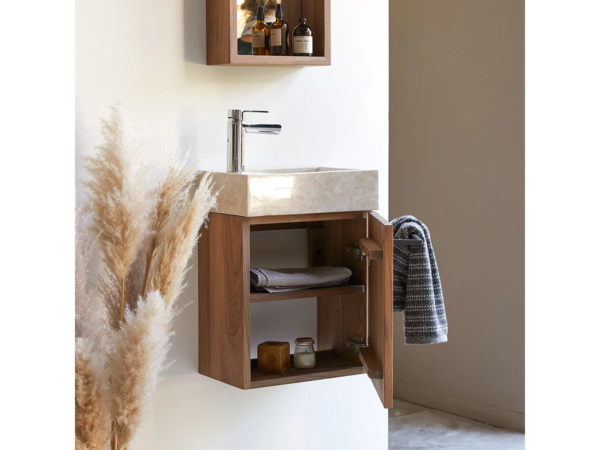 Hängendes Handwaschbecken Stelle aus Nussbaum und cremefarbenem Marmor