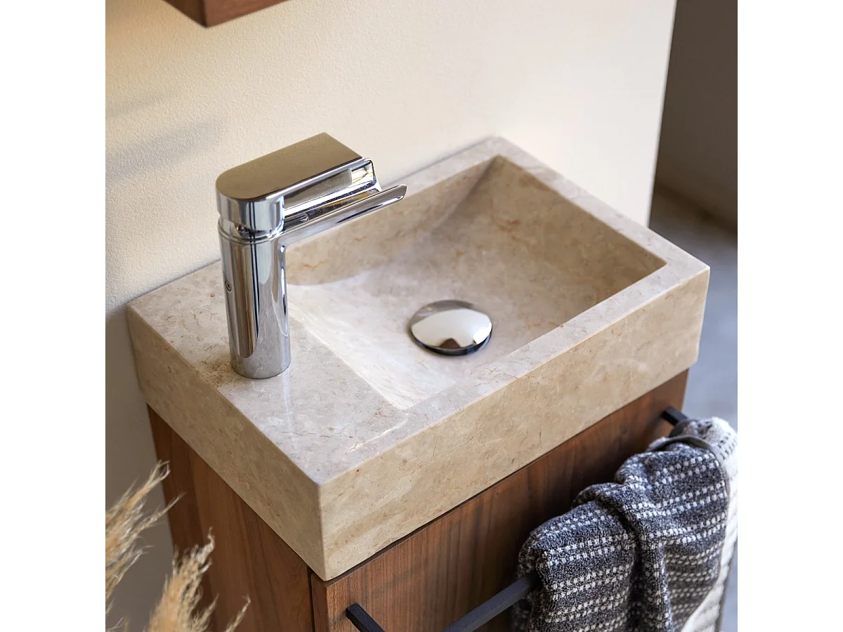 Hängendes Handwaschbecken Stelle aus Nussbaum und cremefarbenem Marmor