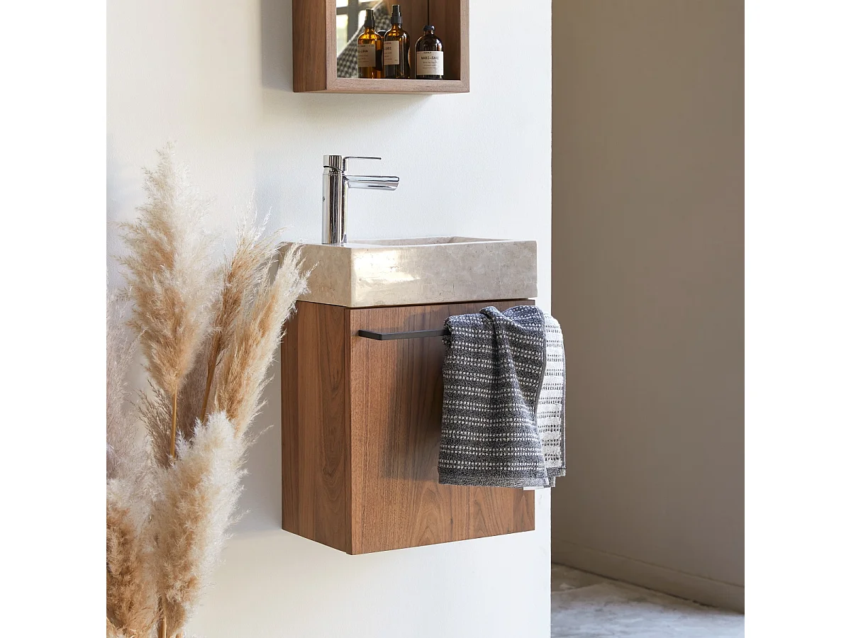 Hängendes Handwaschbecken Stelle aus Nussbaum und cremefarbenem Marmor