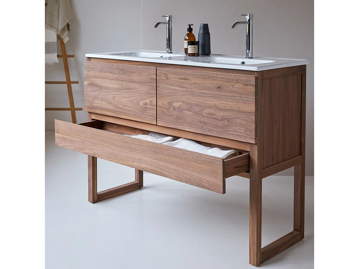 Mobile sottolavabo in legno di noce massello e lavabo in ceramica 120 Edgar