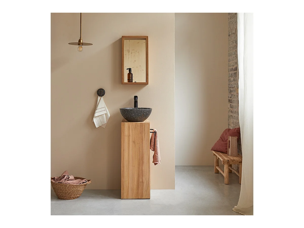 Waschtisch Gästebad kleine Räume Teak Handtuchhalter Unterschrank massiv