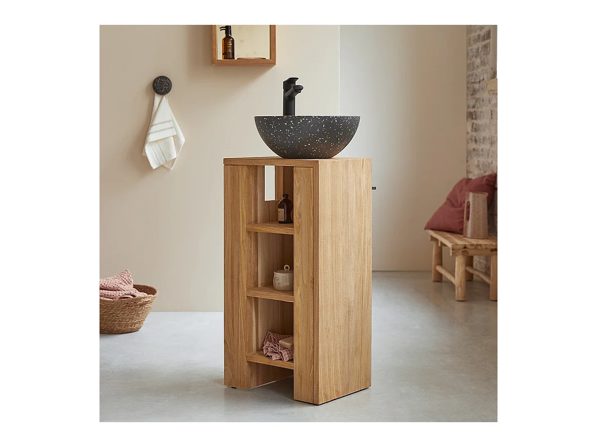Waschtisch Gästebad kleine Räume Teak Handtuchhalter Unterschrank massiv