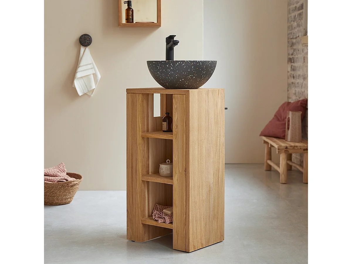 Waschtisch Gästebad kleine Räume Teak Handtuchhalter Unterschrank massiv