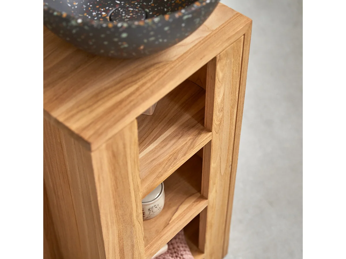 Waschtisch Gästebad kleine Räume Teak Handtuchhalter Unterschrank massiv