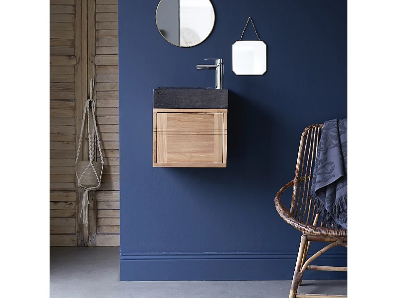 Meuble Lave main en bois de teck et marbre Basic black