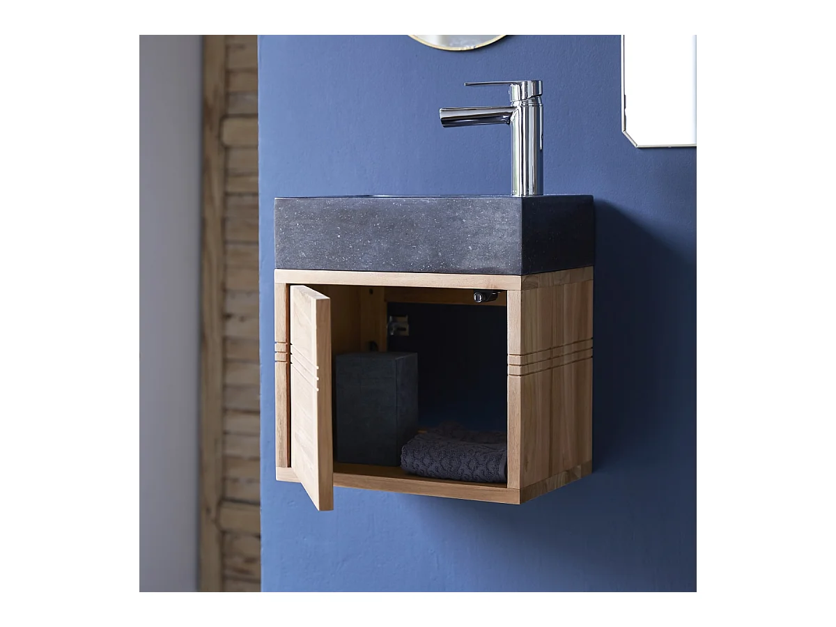 Badunterschrank aus Teak und Waschbecken aus schwarzem Marmor Basic black