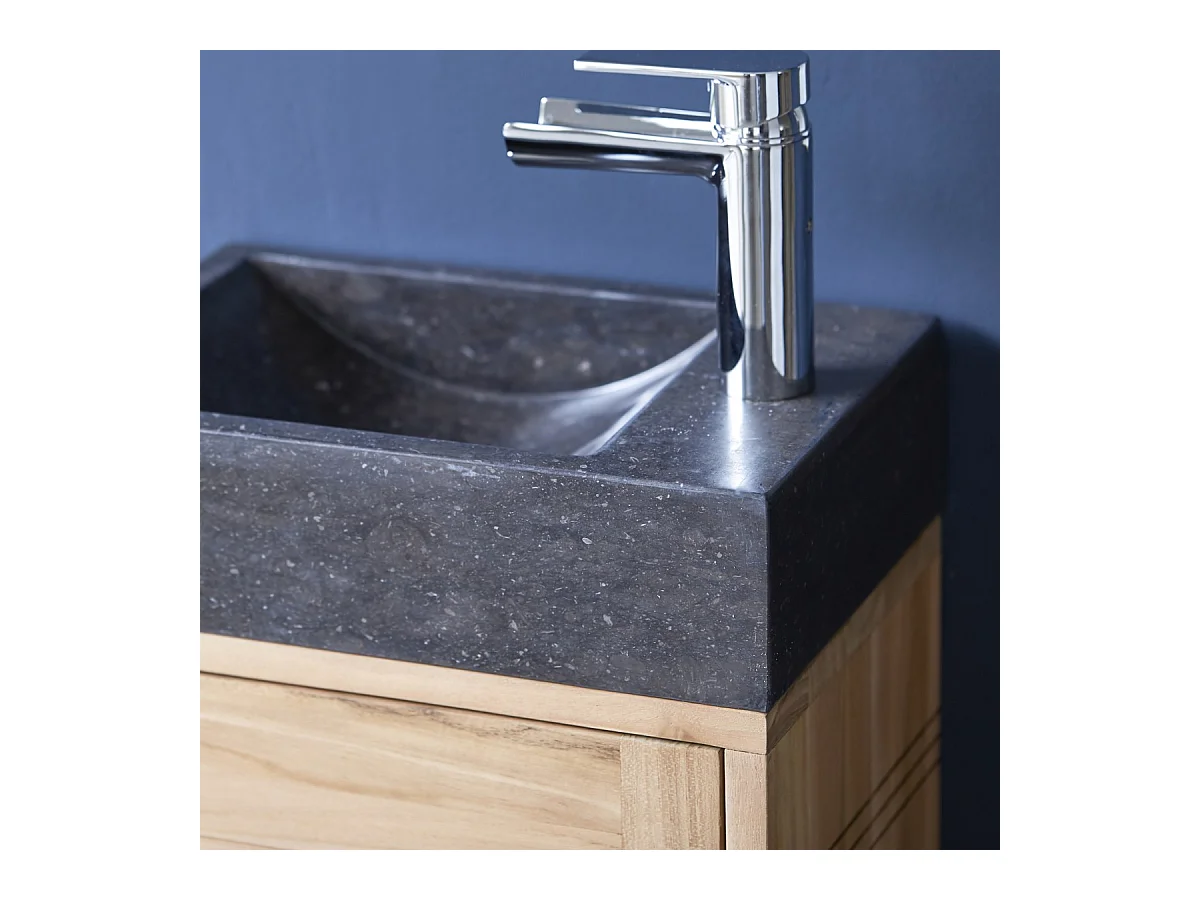 Badunterschrank aus Teak und Waschbecken aus schwarzem Marmor Basic black