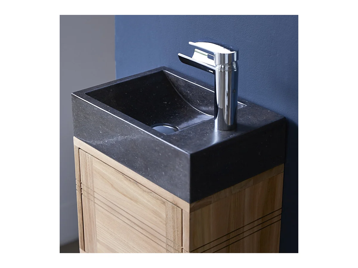 Badunterschrank aus Teak und Waschbecken aus schwarzem Marmor Basic black
