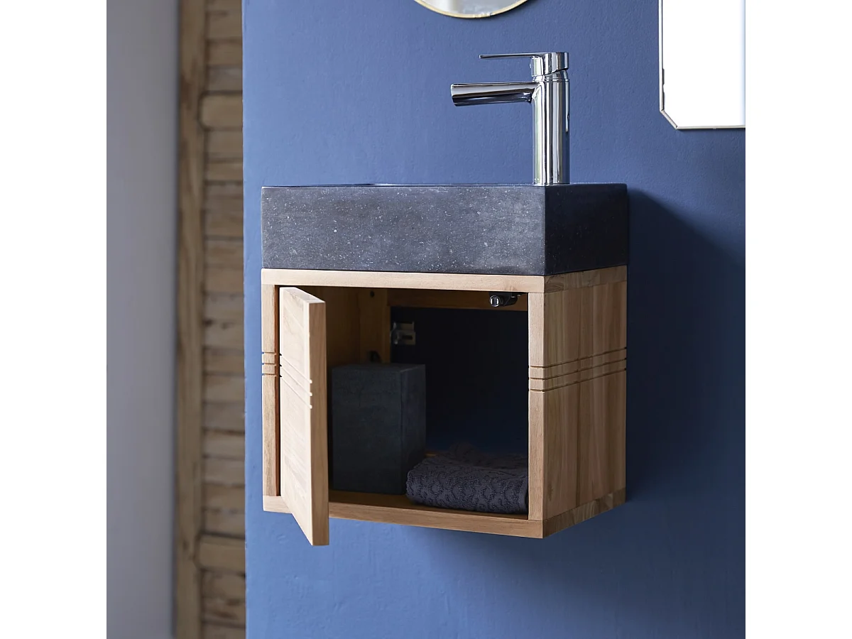 Badunterschrank aus Teak und Waschbecken aus schwarzem Marmor Basic black