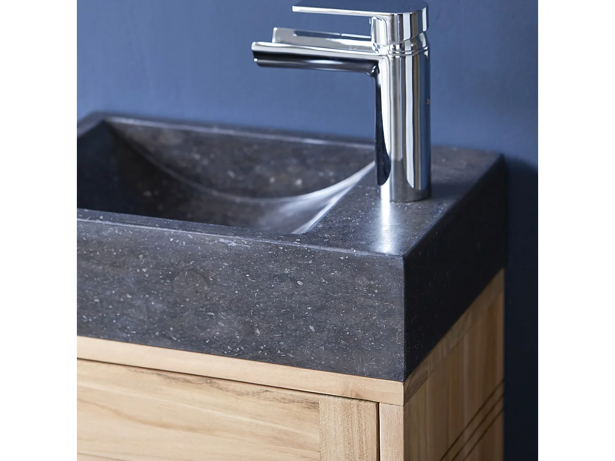Badunterschrank aus Teak und Waschbecken aus schwarzem Marmor Basic black