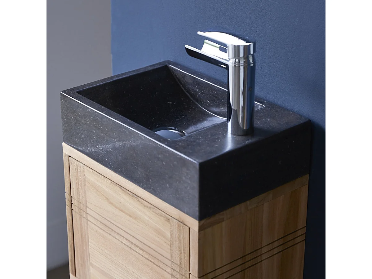 Badunterschrank aus Teak und Waschbecken aus schwarzem Marmor Basic black