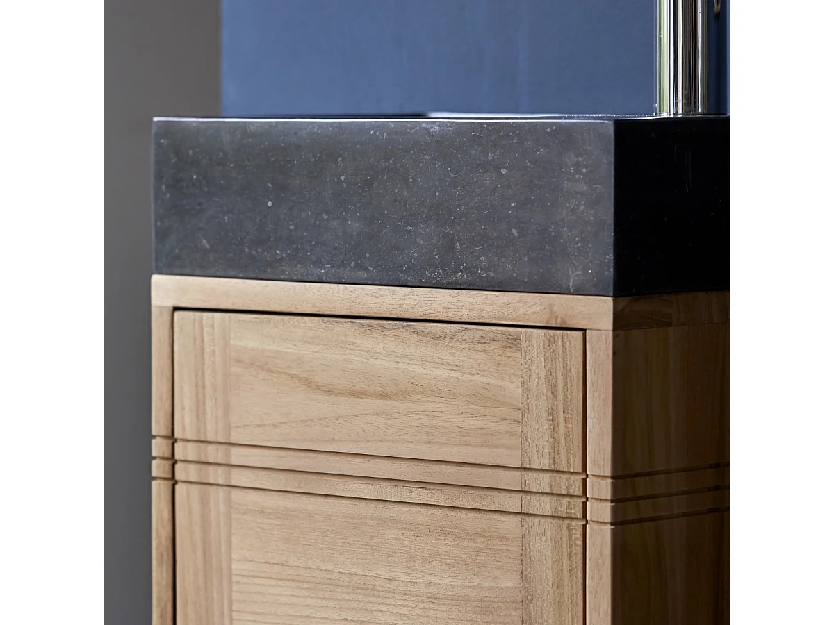 Badunterschrank aus Teak und Waschbecken aus schwarzem Marmor Basic black