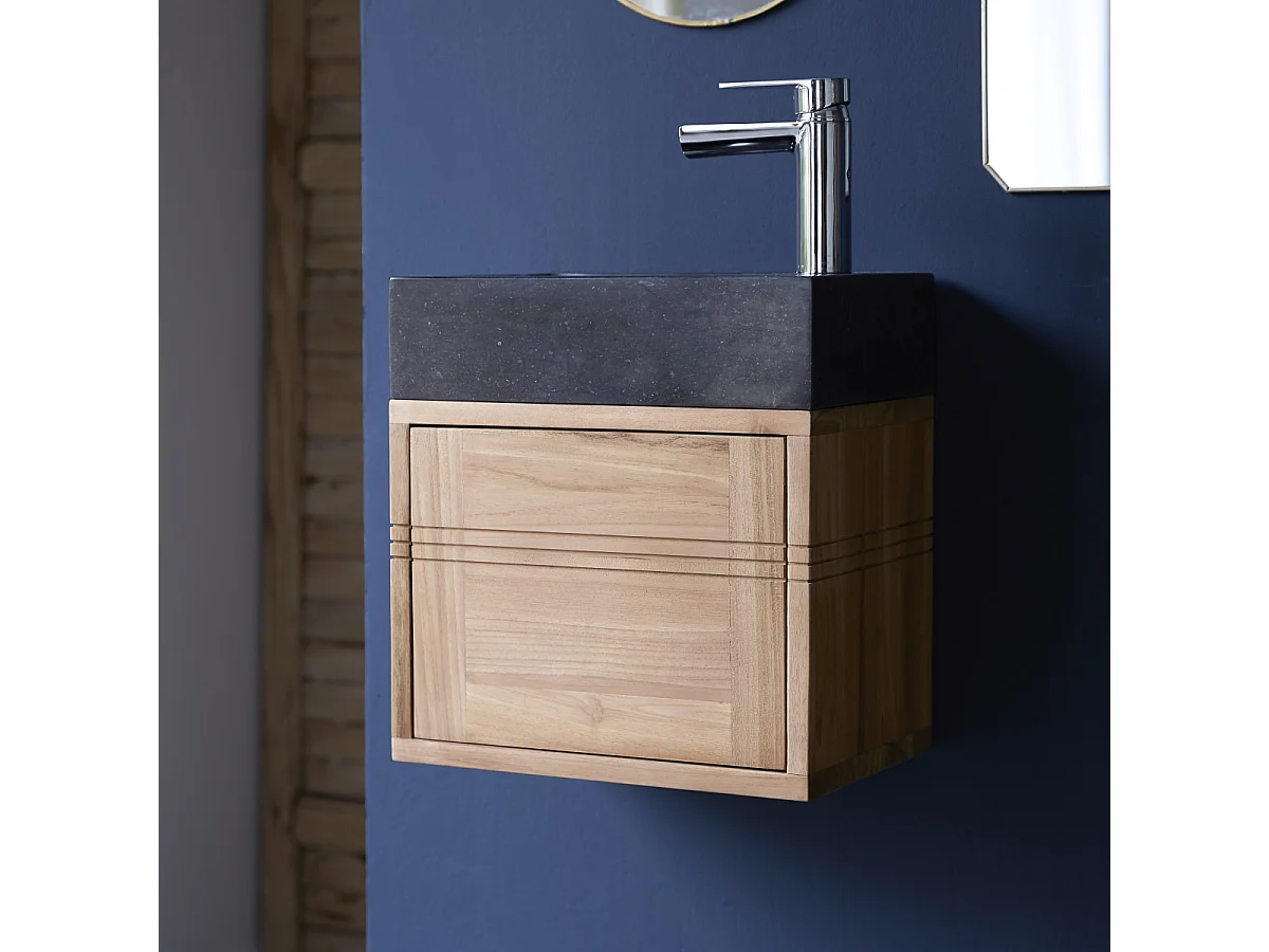 Badunterschrank aus Teak und Waschbecken aus schwarzem Marmor Basic black