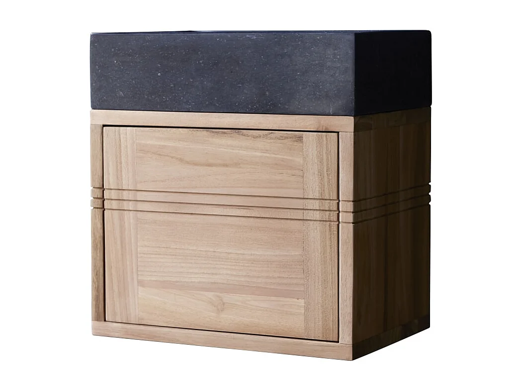 Badunterschrank aus Teak und Waschbecken aus schwarzem Marmor Basic black