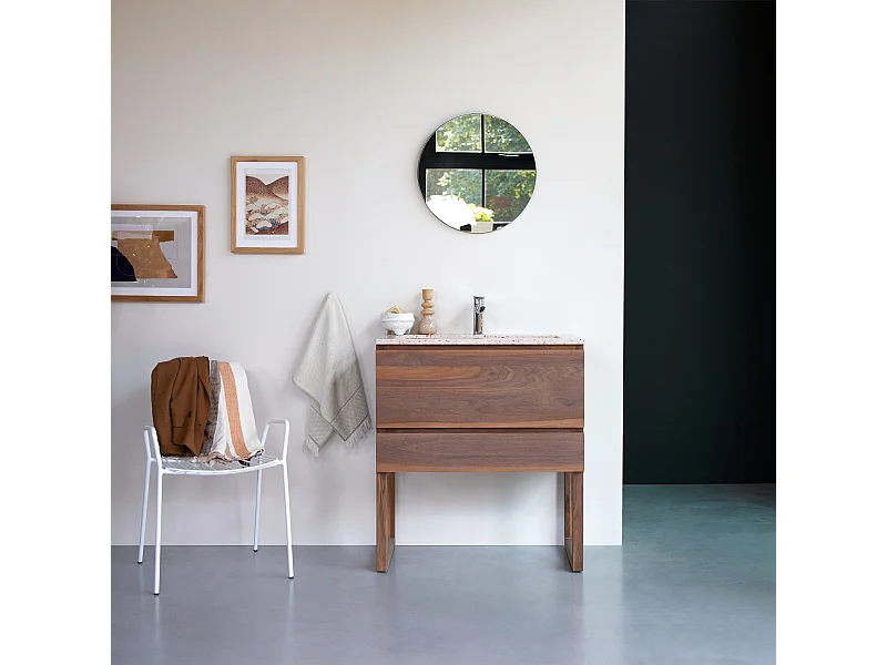 Badezimmerschrank aus Nussbaum massiv und rosa Premium-Terrazzo Edgar 80