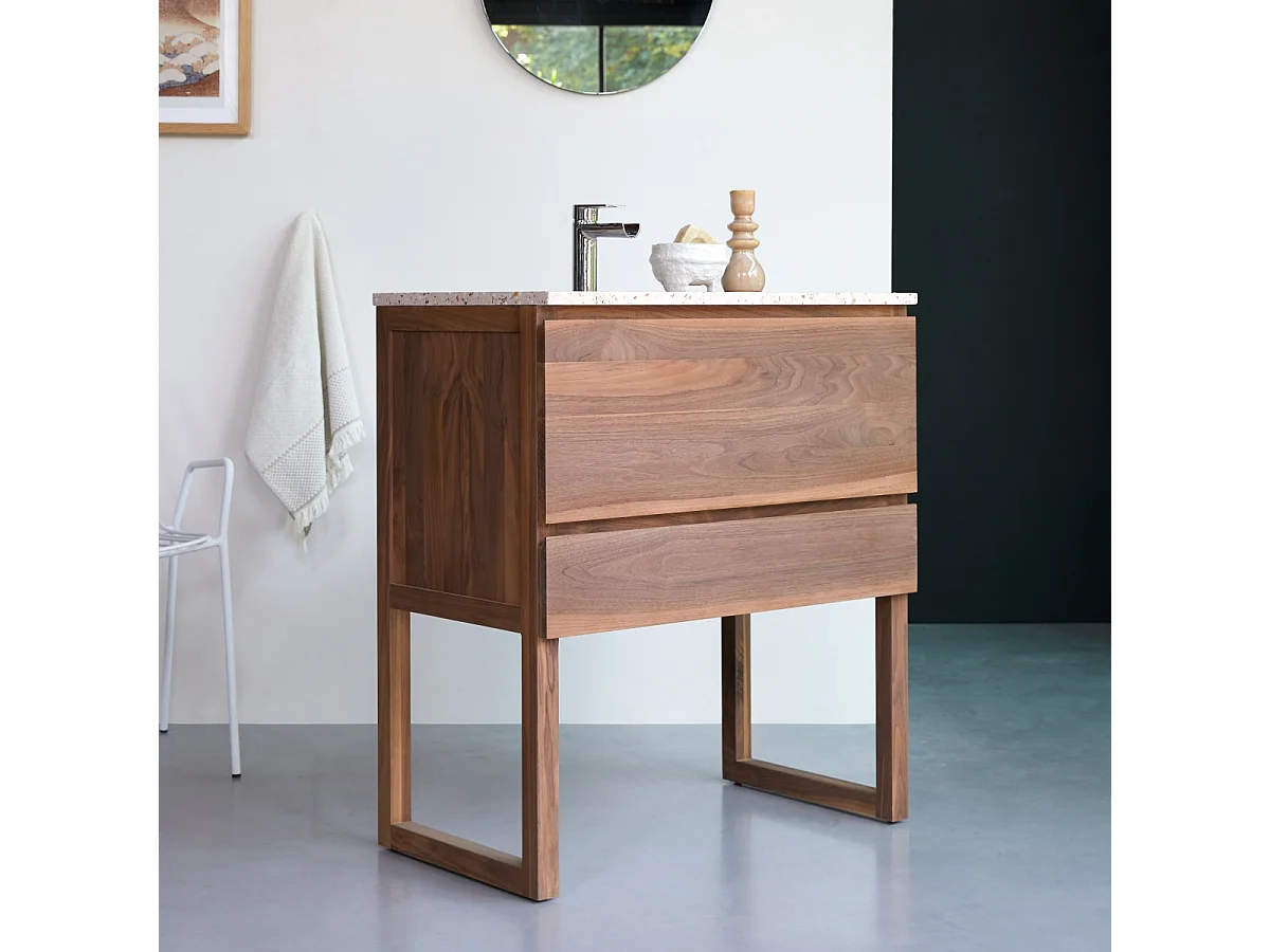 Badezimmerschrank aus Nussbaum massiv und rosa Premium-Terrazzo Edgar 80