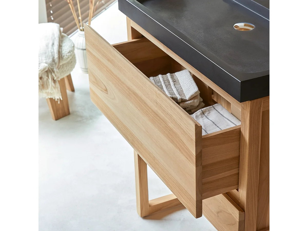 Mobile sottolavabo in legno di teak e lavabo in pietra lavica 80 Edgar