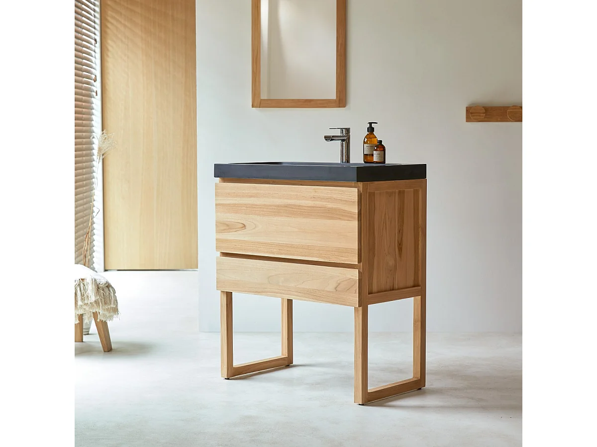 Mobile sottolavabo in legno di teak e lavabo in pietra lavica 80 Edgar