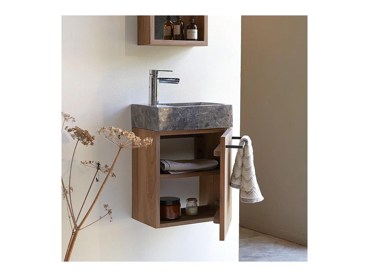 Hängendes Handwaschbecken Stelle aus Nussbaum und grauem Marmor