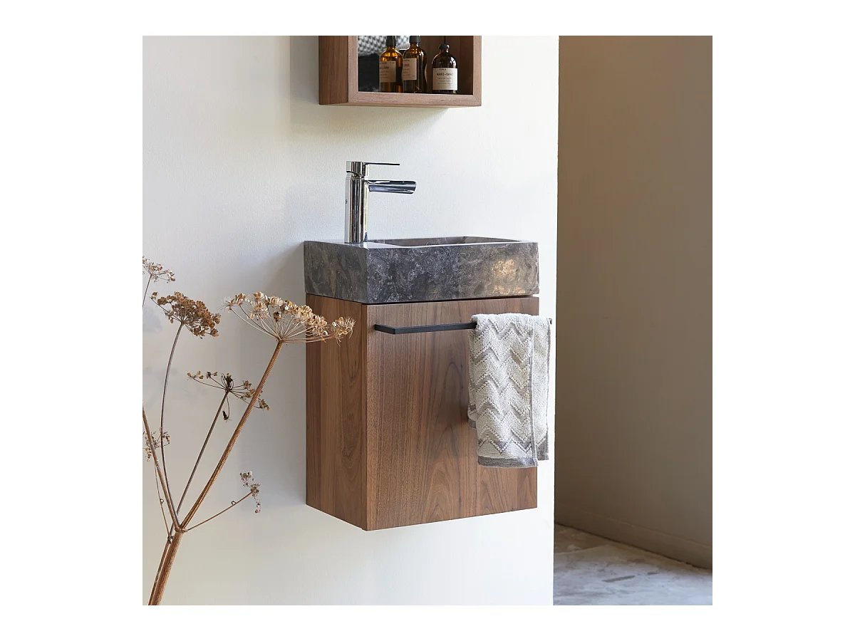 Hängendes Handwaschbecken Stelle aus Nussbaum und grauem Marmor