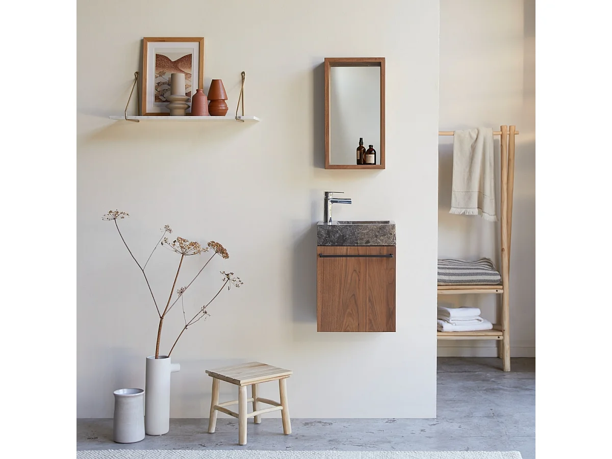 Hängendes Handwaschbecken Stelle aus Nussbaum und grauem Marmor