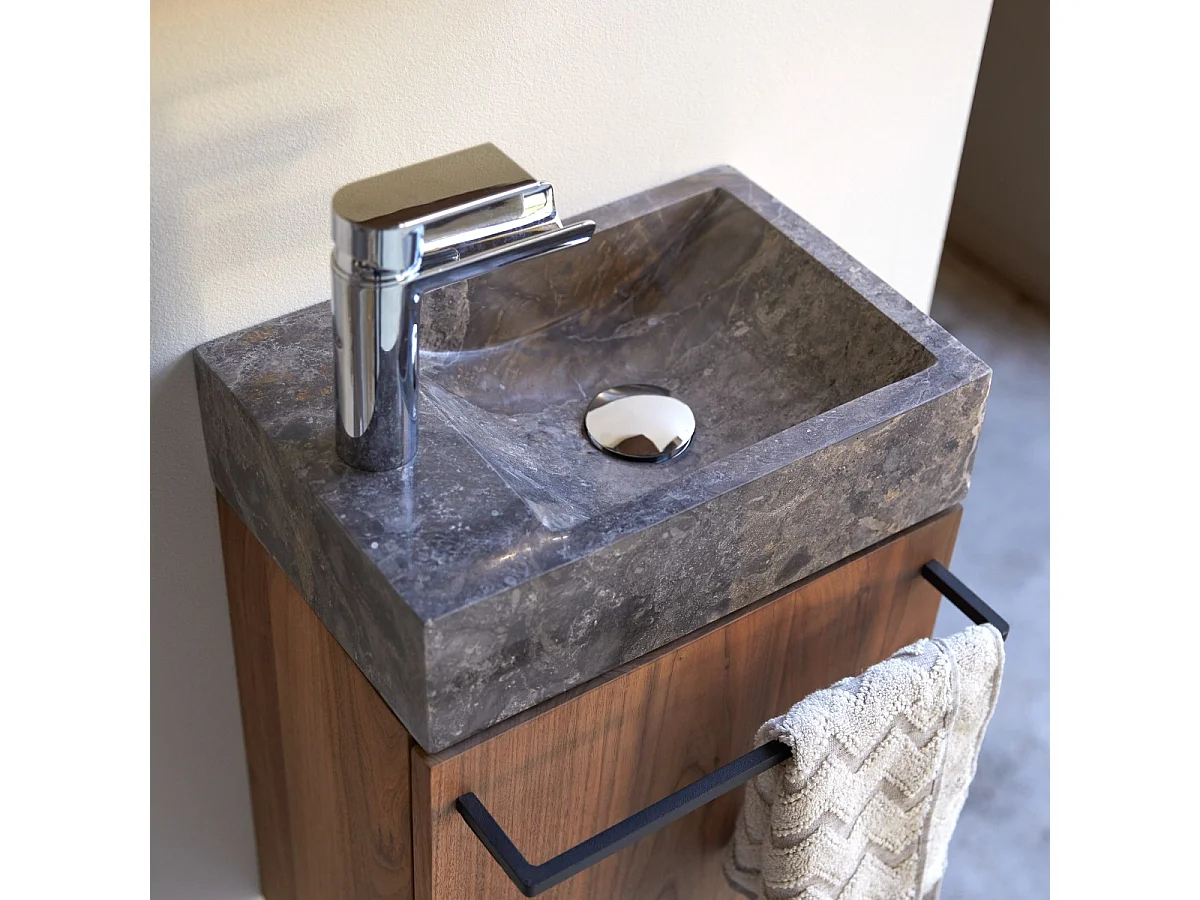 Hängendes Handwaschbecken Stelle aus Nussbaum und grauem Marmor