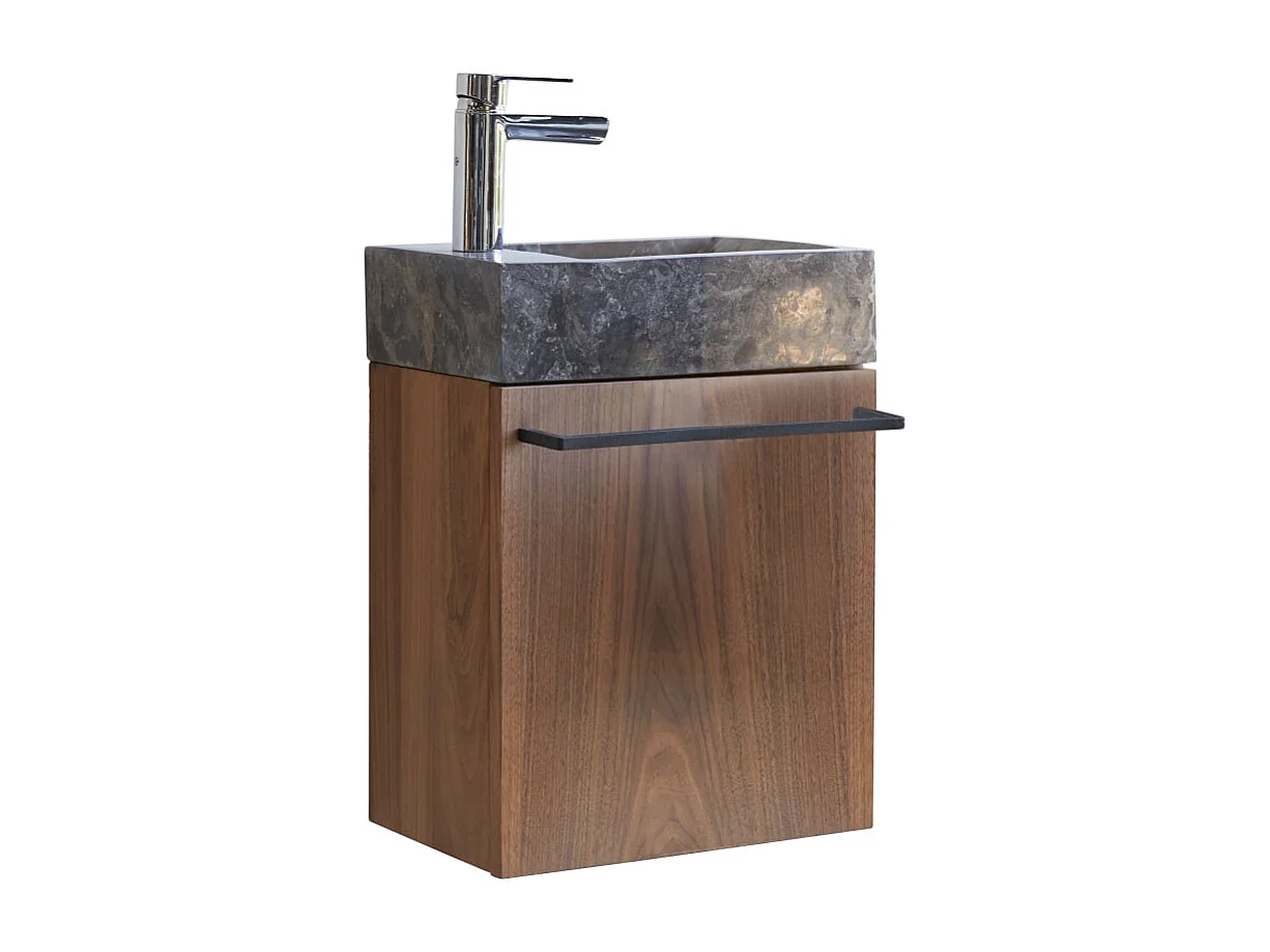 Hängendes Handwaschbecken Stelle aus Nussbaum und grauem Marmor