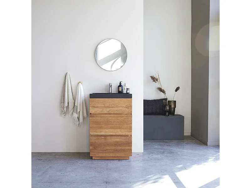 Meuble Salle de bain en bois de chêne et pierre de lave 60 Karl