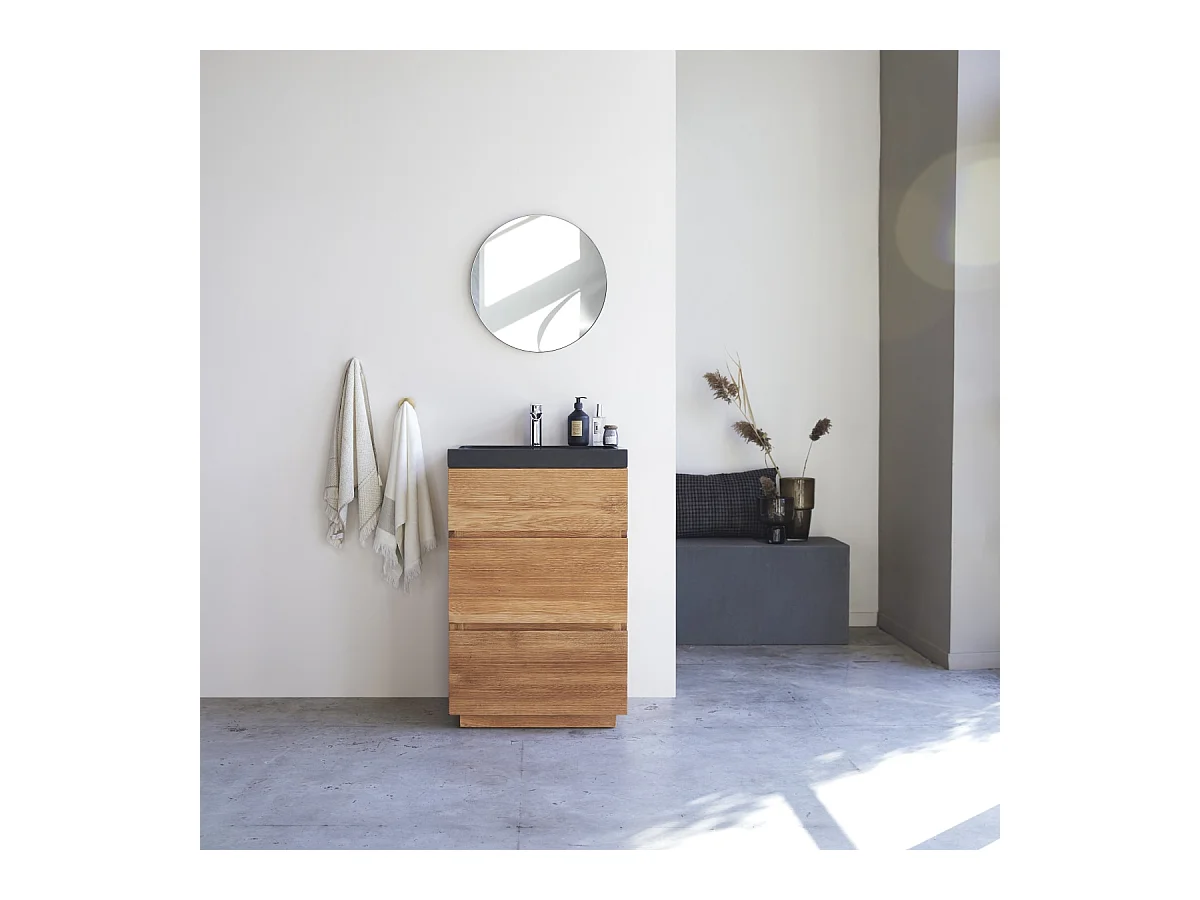 Meuble Salle de bain en bois de chêne et pierre de lave 60 Karl