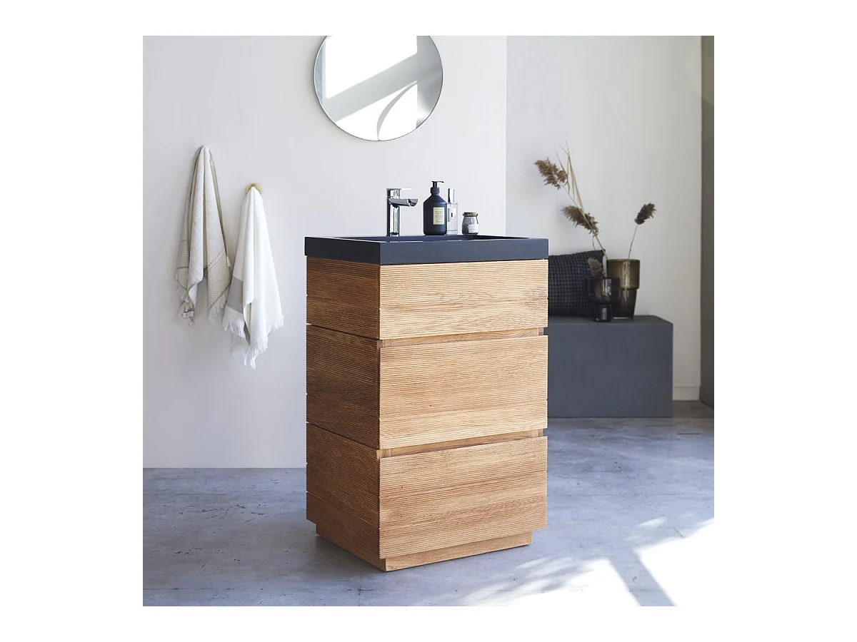 Meuble Salle de bain en bois de chêne et pierre de lave 60 Karl