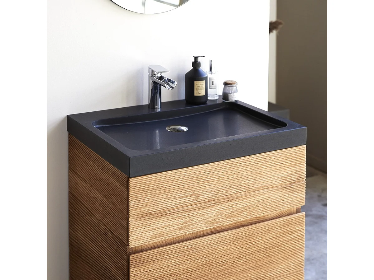 Waschtisch aus Eiche mit integrierten Lavastein Waschbecken 60 cm Einzel