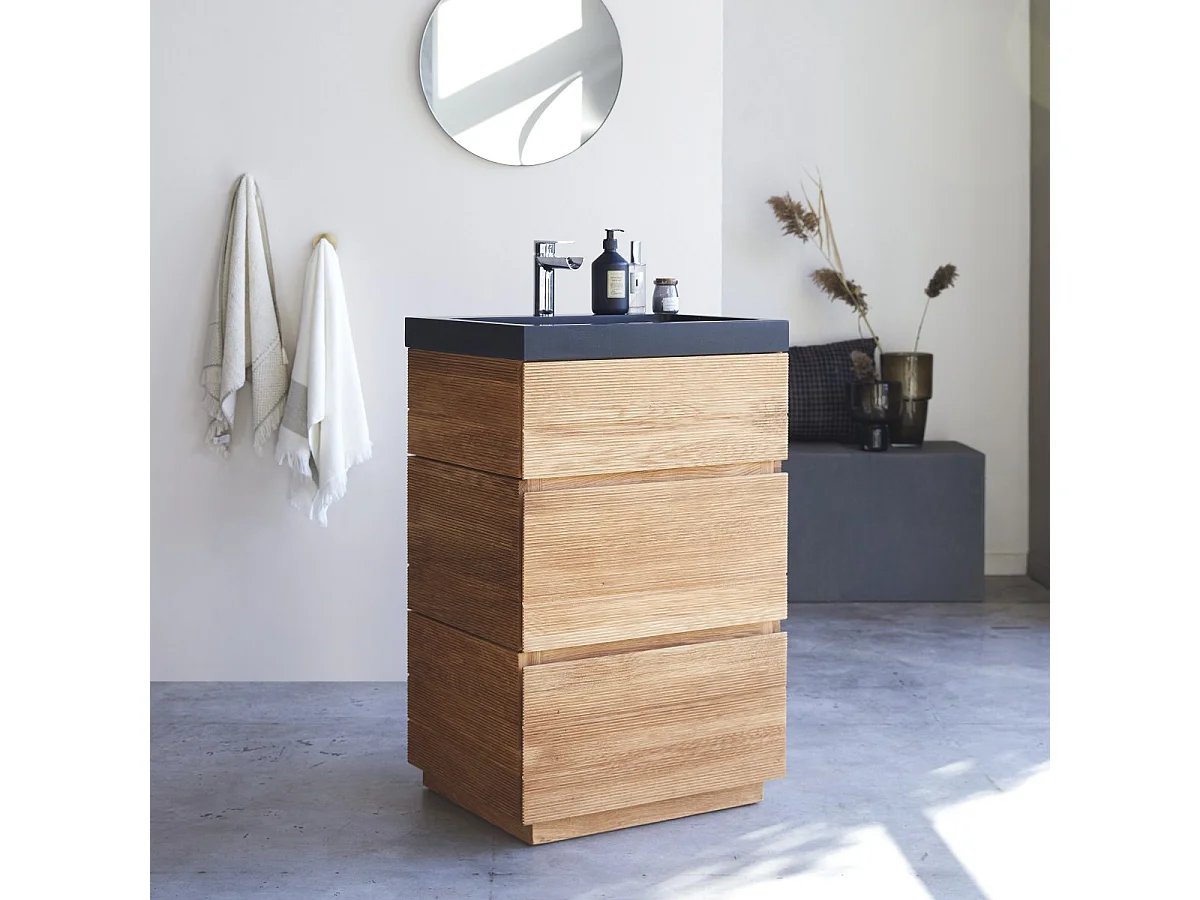 Waschtisch aus Eiche mit integrierten Lavastein Waschbecken 60 cm Einzel