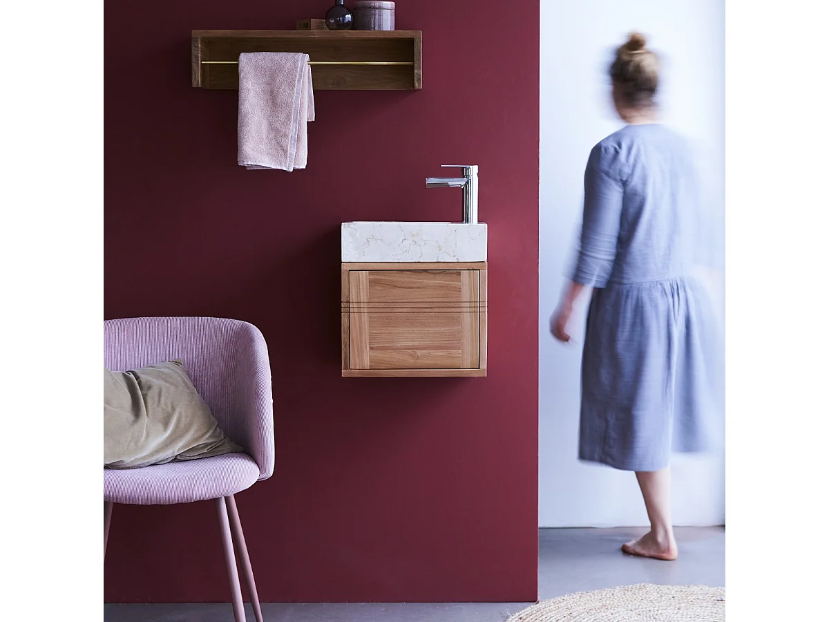 Badunterschrank aus Teakholz und Waschbecken aus cremefarbenem Marmor Basic crem