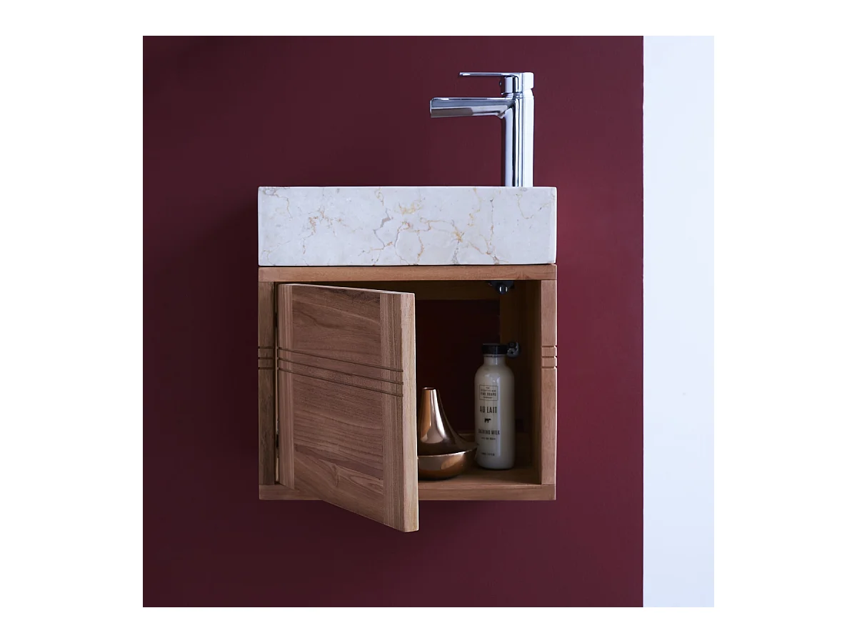 Badunterschrank aus Teakholz und Waschbecken aus cremefarbenem Marmor Basic crem