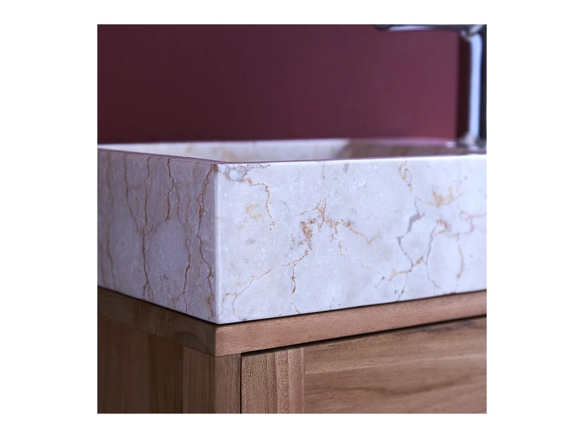 Badunterschrank aus Teakholz und Waschbecken aus cremefarbenem Marmor Basic crem