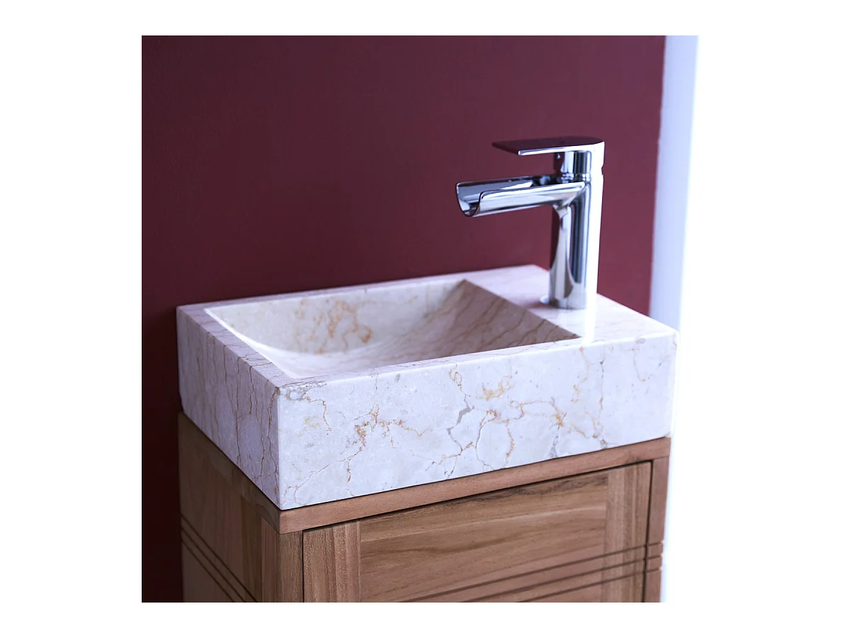 Badunterschrank aus Teakholz und Waschbecken aus cremefarbenem Marmor Basic crem