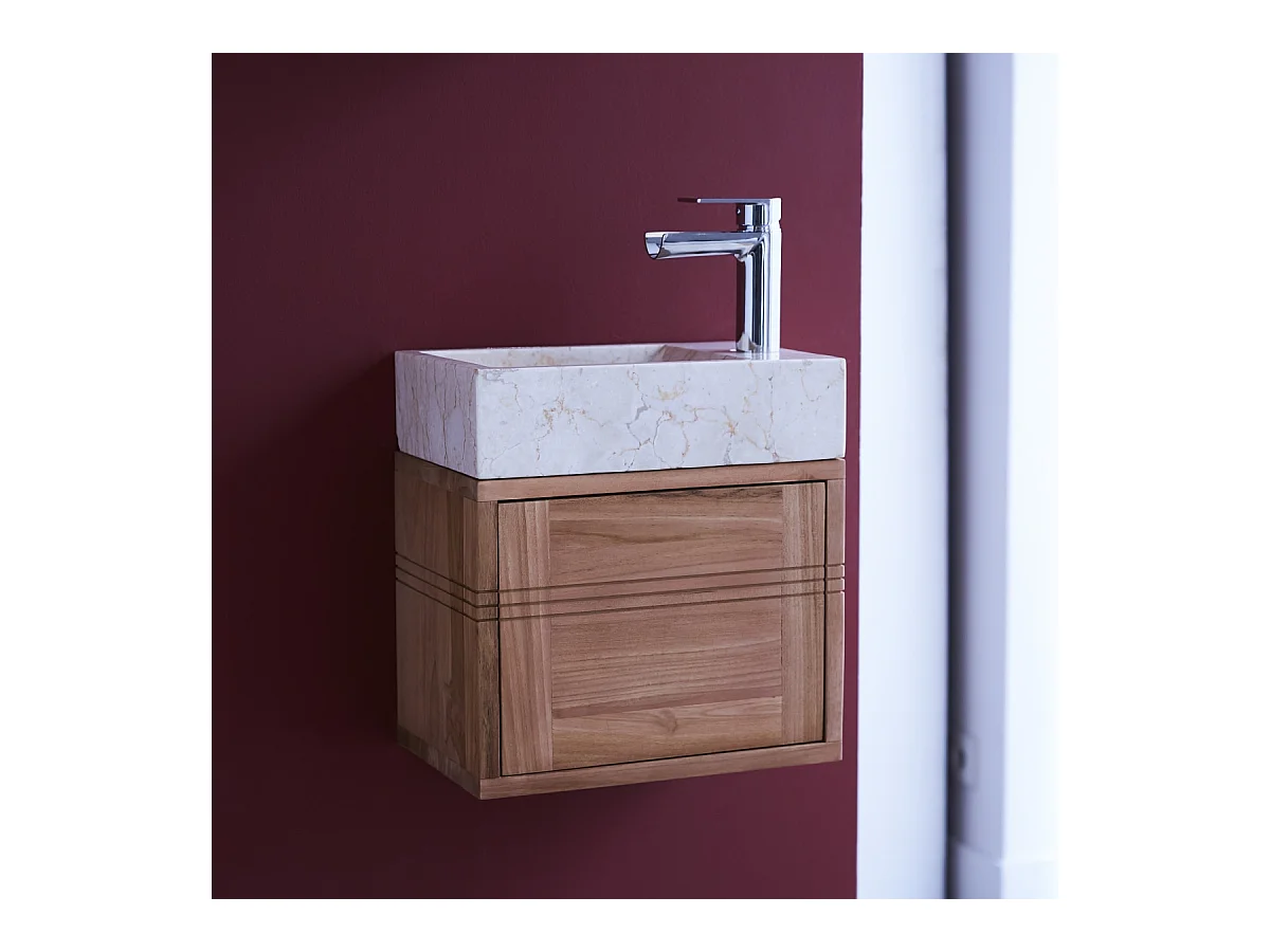 Badunterschrank aus Teakholz und Waschbecken aus cremefarbenem Marmor Basic crem