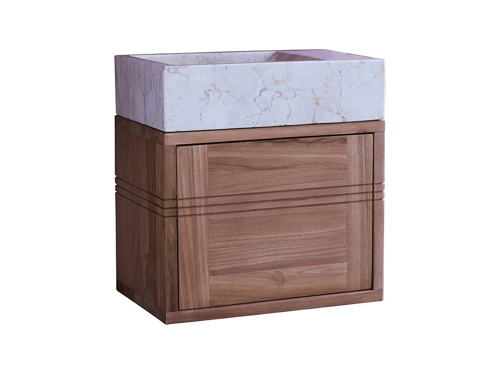 Badunterschrank aus Teakholz und Waschbecken aus cremefarbenem Marmor Basic crem