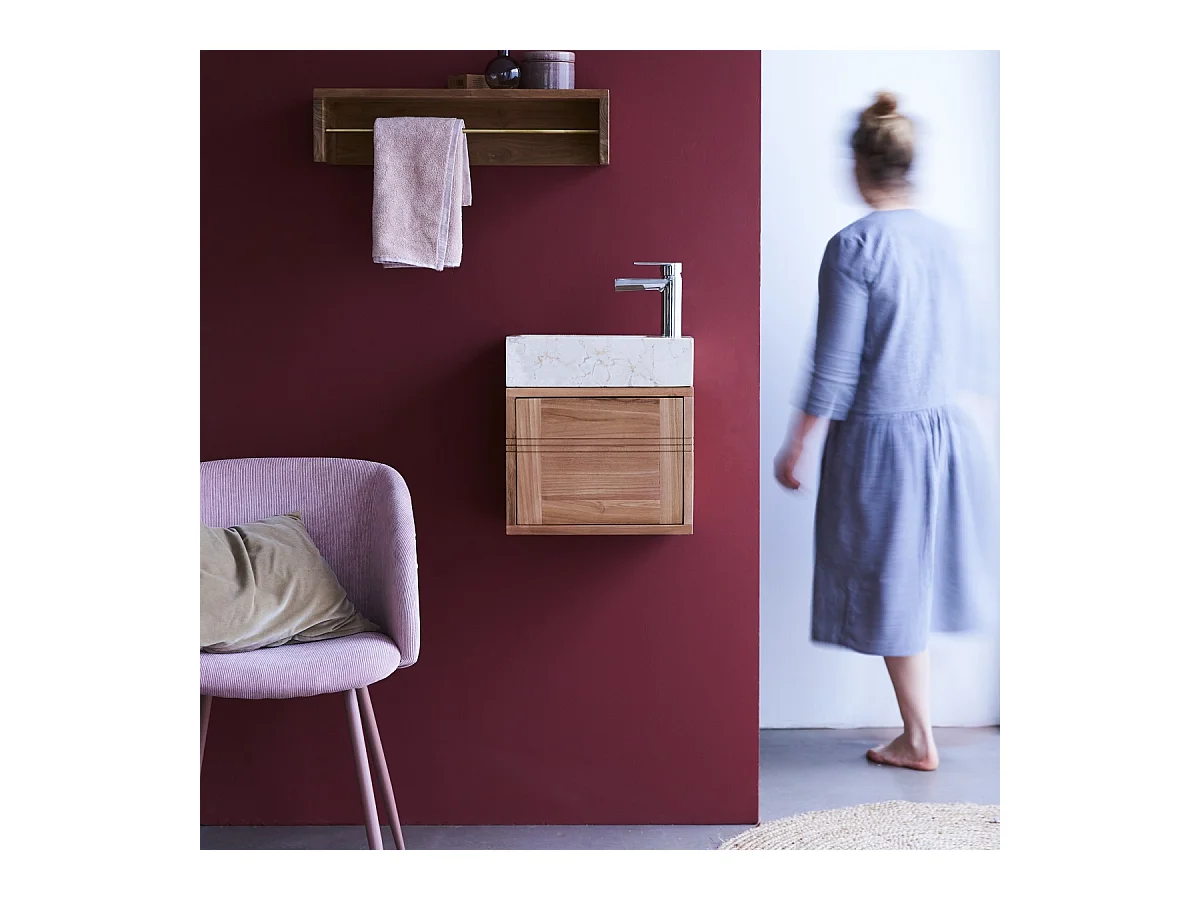 Mobile sottolavabo in teak con lavabo in marmo Basic cream
