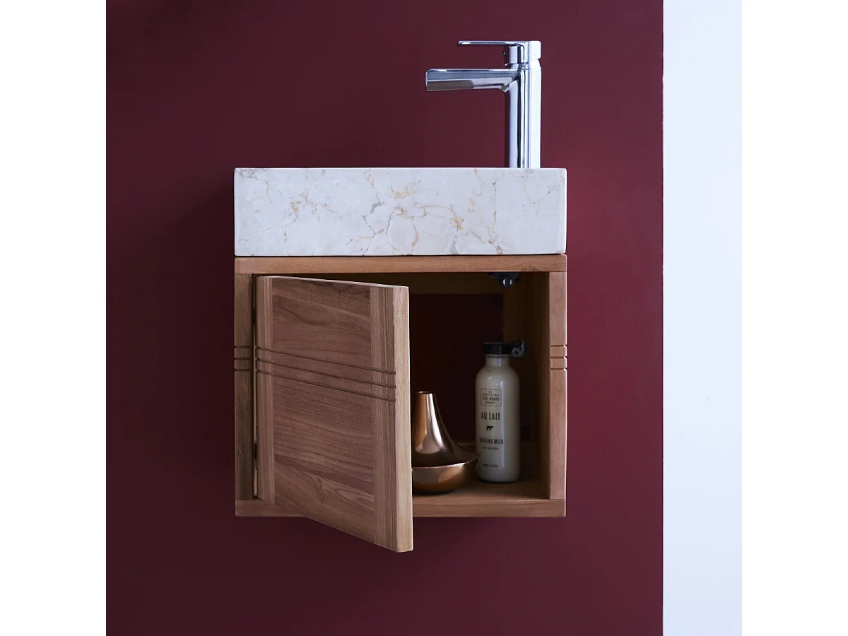 Badunterschrank aus Teakholz und Waschbecken aus cremefarbenem Marmor Basic crem