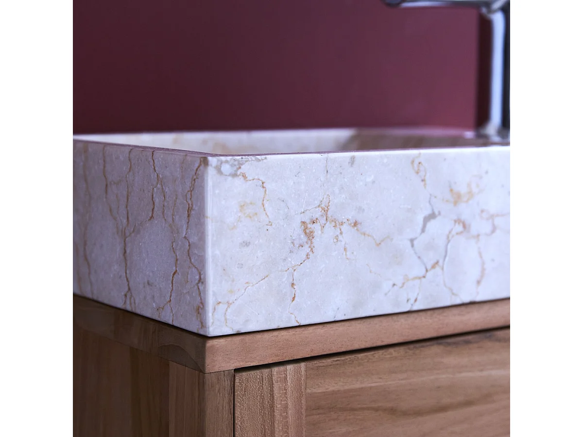 Badunterschrank aus Teakholz und Waschbecken aus cremefarbenem Marmor Basic crem